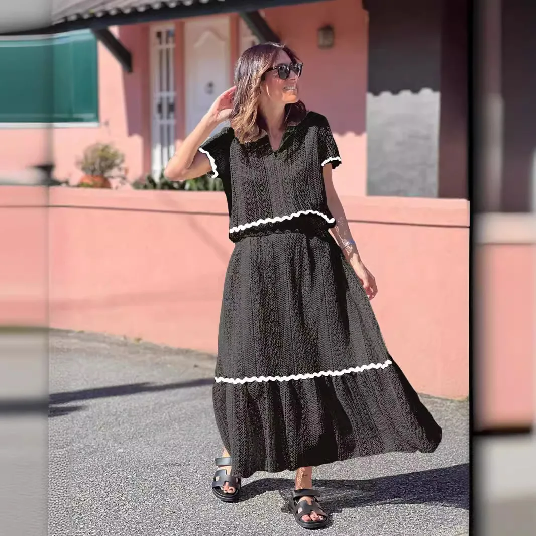 

25 Summer New Women's Comfortable Casual Shirt Collar Lace Long Dress Set 88133