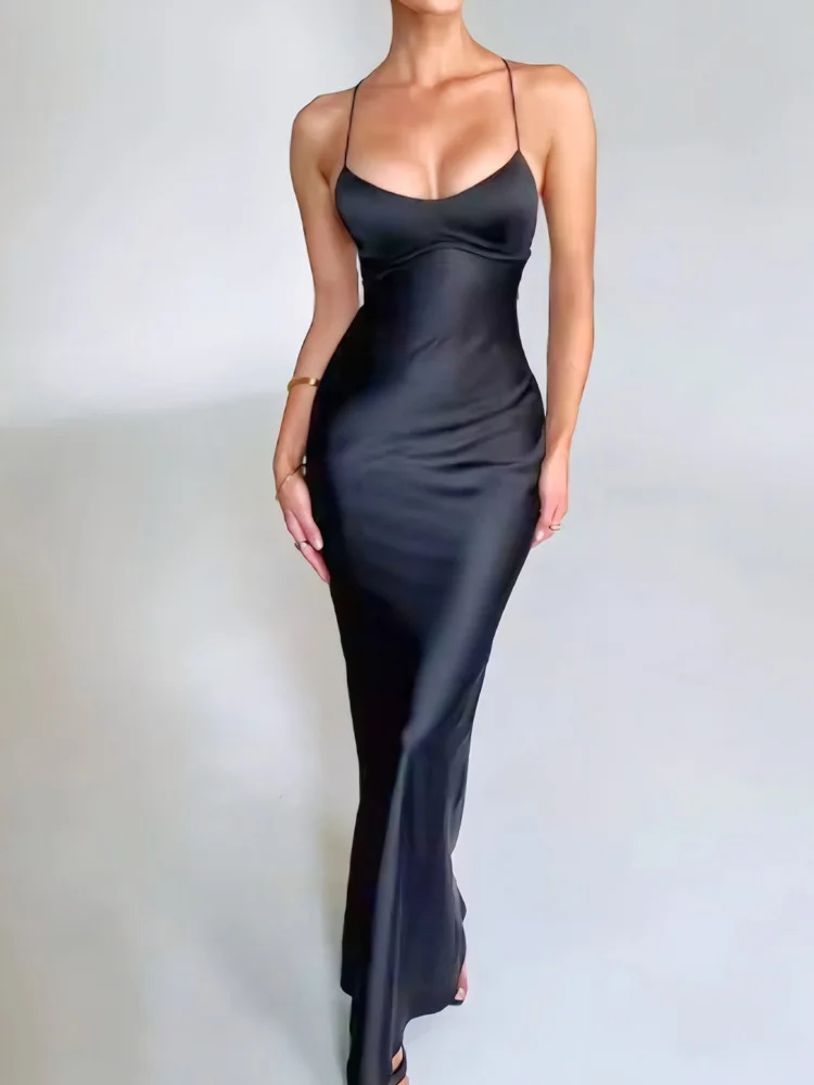 Mode Sexy Backless Lace-up Maxi Avondjurken Y2k Satijnen Jurken 2026 Nieuwe vrouwen Slim Fit U-hals Party Strap jurk