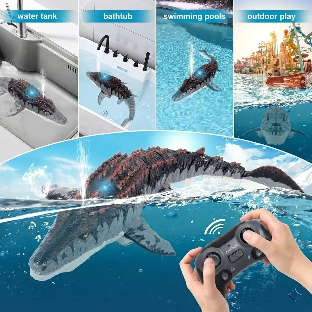 RC Mosasaurus Dinosaur Boat Toy 2.4GHz Remote Control Water Spray Swimming Pool Bath Lake Outdoor Water Kids Boys Toys Gift