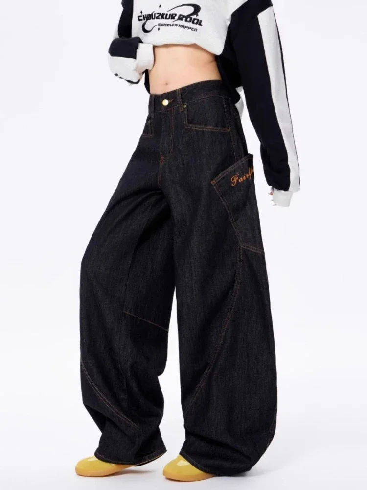 

ADAgirl Harajuku Black Cargo Jeans Women Y2k Hip Hop Vintage Oversized Korean Wide Leg Denim Pants Streetwear Chic Mujer Bottoms