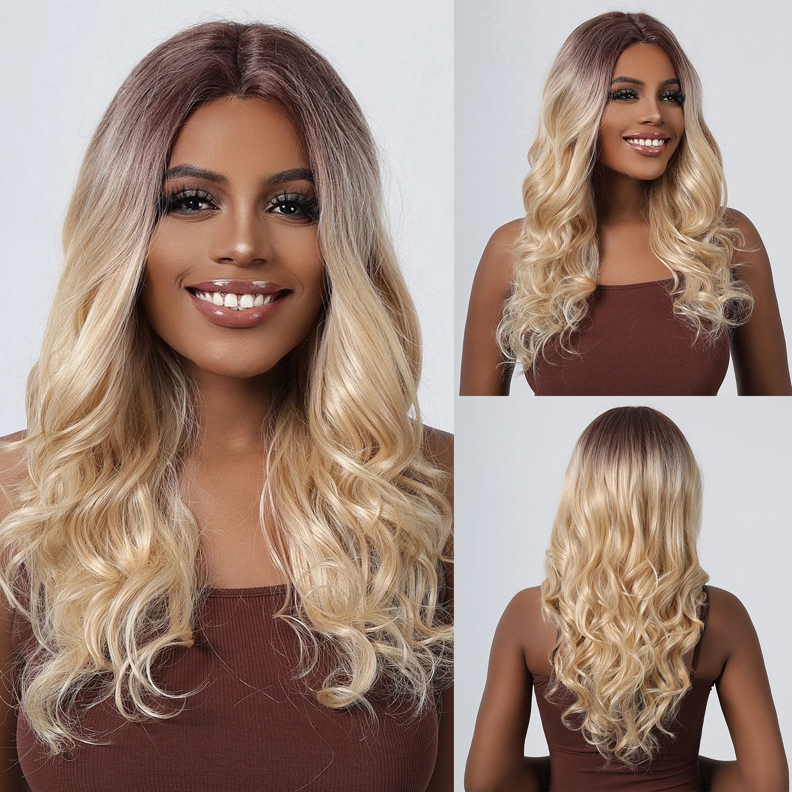 Part T Lace Front Blonde Synthetic Wigs for Afro Women Synthetic Hair Wavy Cosplay Wig Ombre Blonde Wigs Fake Hair Cosplay Wig