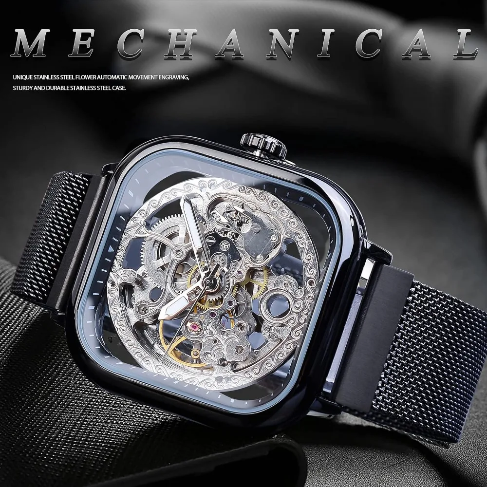 Men's Automatic Skeleton Watch with Transparent Dial and Royal Flower Carving, Stainless Steel, Golden