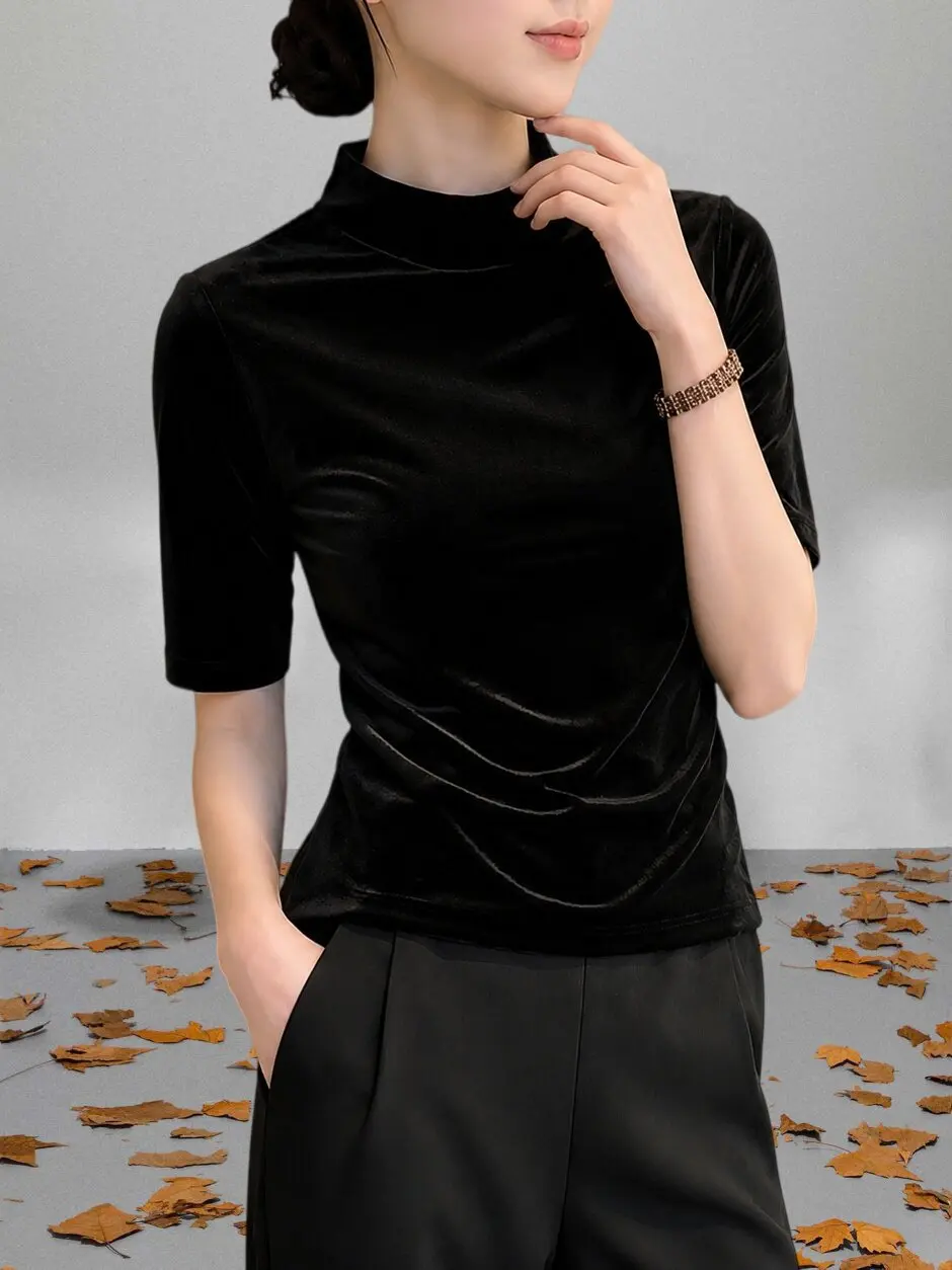Women's Mid-Sleeve Velvet Base Shirt Early Autumn Half High Collar Slim Fit T-Shirt Casual Style Universal Fit Five Sleeve Le...