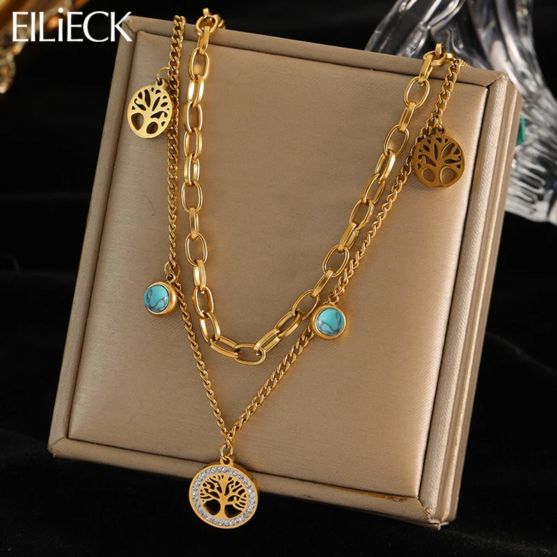 EILIECK 316L Stainless Steel Round Tree of Life Pendant Necklace For Women Gold Color Multi-layer Chains Jewelry Accessories