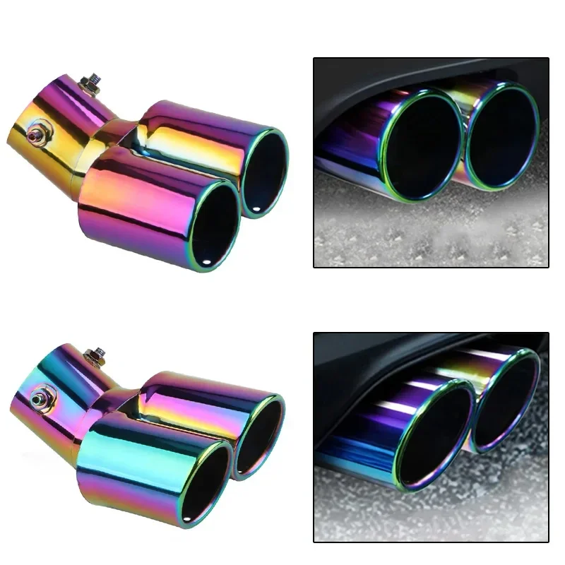 Stainless Steel Curved Double Outlet Car Exhaust Trim Muffler Pipe Tail 1PCS 2.5" Inlet Decoration Chrome Tail Pipe Car Styling view 4