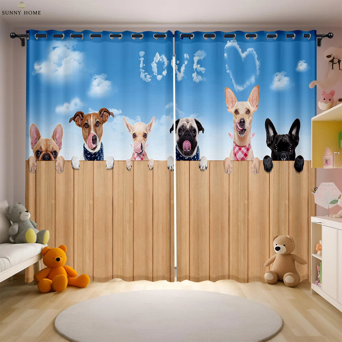 Cute cartoon dog animal print curtains kids room kitchen study room decorative curtains can be customized 2 pieces