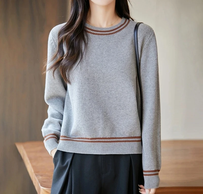 

Autumn and winter women's pure cotton sweater casual O-neck knitted pullover loose color matching hot selling women's top