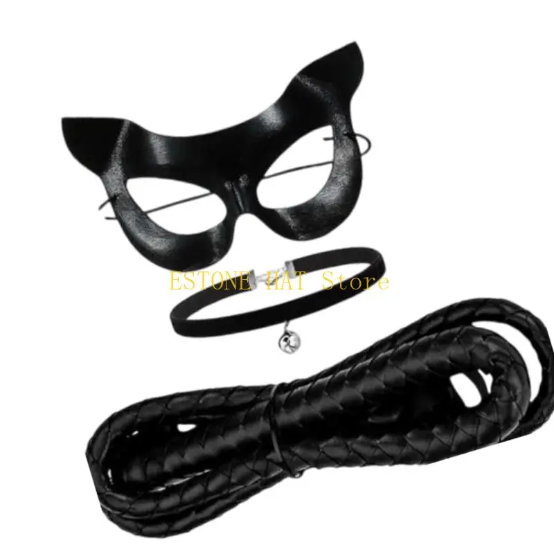 49MF 3Pcs Black Cats Costume Set Masquerades Mask,Bells Choker Necklace Whip for Cosplay Fancy Dress Halloween Costumes