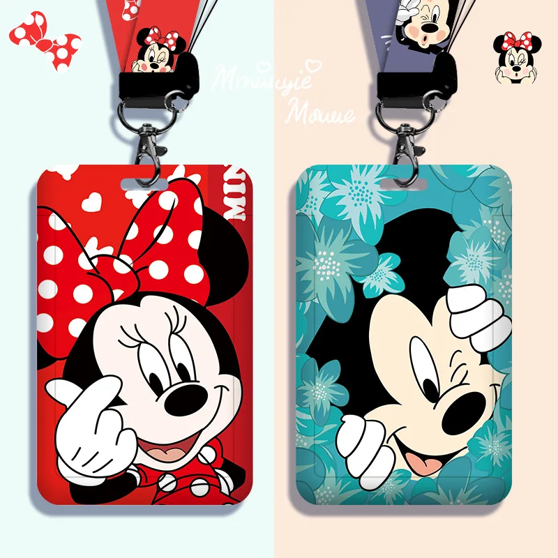 Disney Anime PVC Card Holder Mickey Mouse Minnie Cartoons Hanging Neck Bag Lanyard ID Card Protective Case Anti-lost Cover