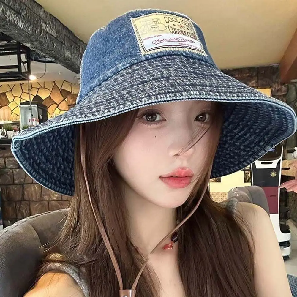 

Sunshade Denim Bucket Hats Wide-Brimmed Lightweight Retro Fisherman Hat Black Japanese Style Sun Protection Basin Cap Camping