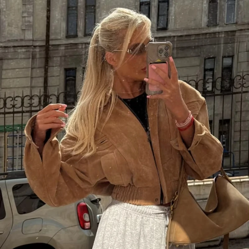 Women Retro Suede Lapel Zippered Short Jackets Full Sleeves Pocket Loose Short Coat 2026 Spring New Lady Daily Commute Outwear