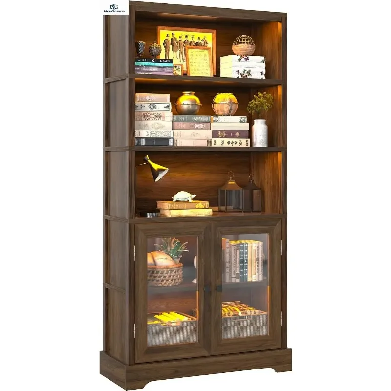 Tall 65 Inch 5 Tier Bookshelf Multi Color Ambient Light App Remote Control Display Shelf Cabinet Doors Suitable Living Room Bedr
