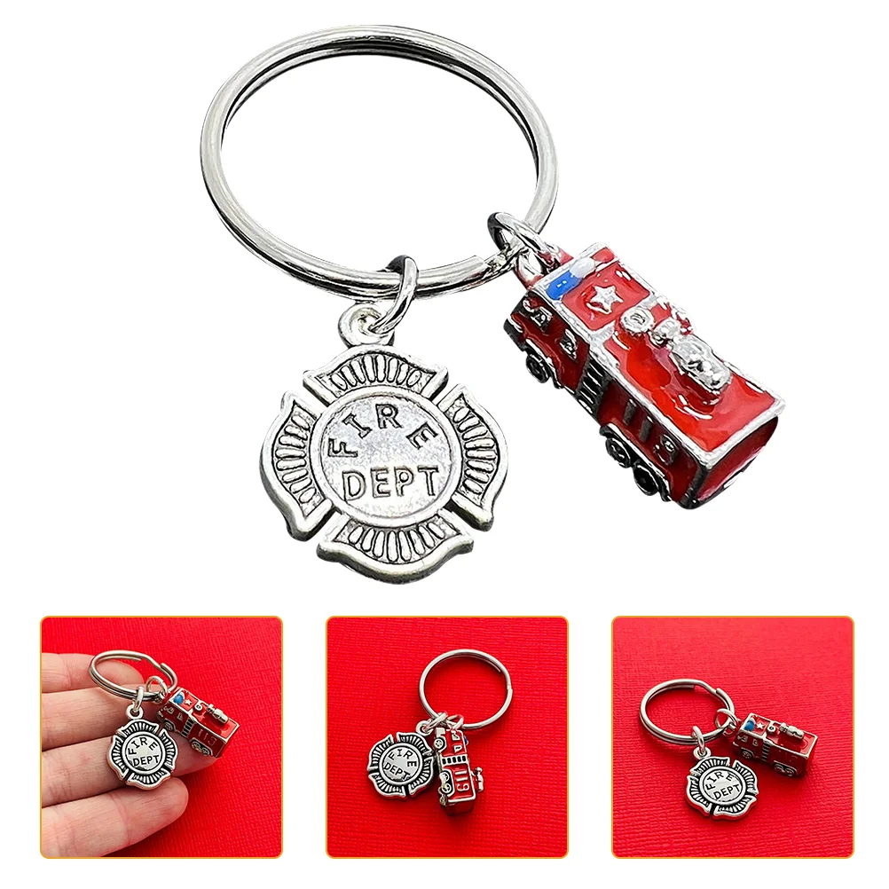 

Fire Truck Keychain Adornment Firefighter Engine Ring Keychains Decorative Badge Pendant Metal Bag Child Car Toy