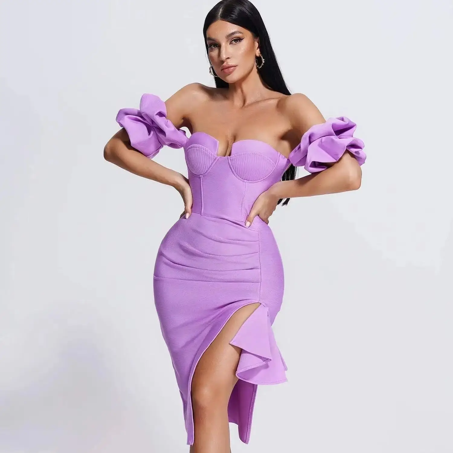 HQBORY 2024 summer women mid-length bandage dress sexy ladies Puff Sleeve elegant  bodycon party fashion dress vestido