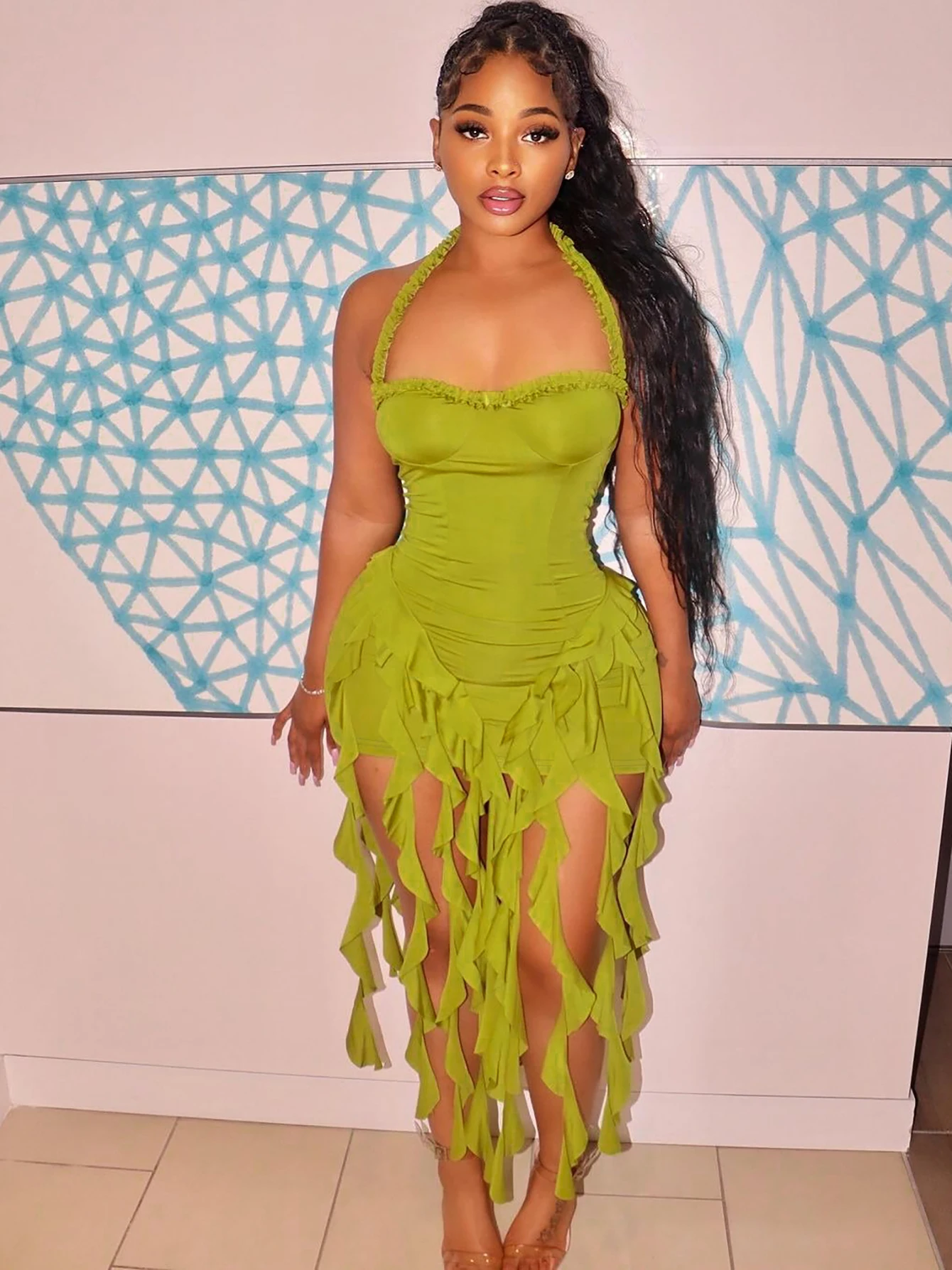 우아한 홀터 솔리드 프릴 백리스 Taseel 섹시 슬림 미니 드레스 봄 여성 귀여운 의상 생일 파티 휴가