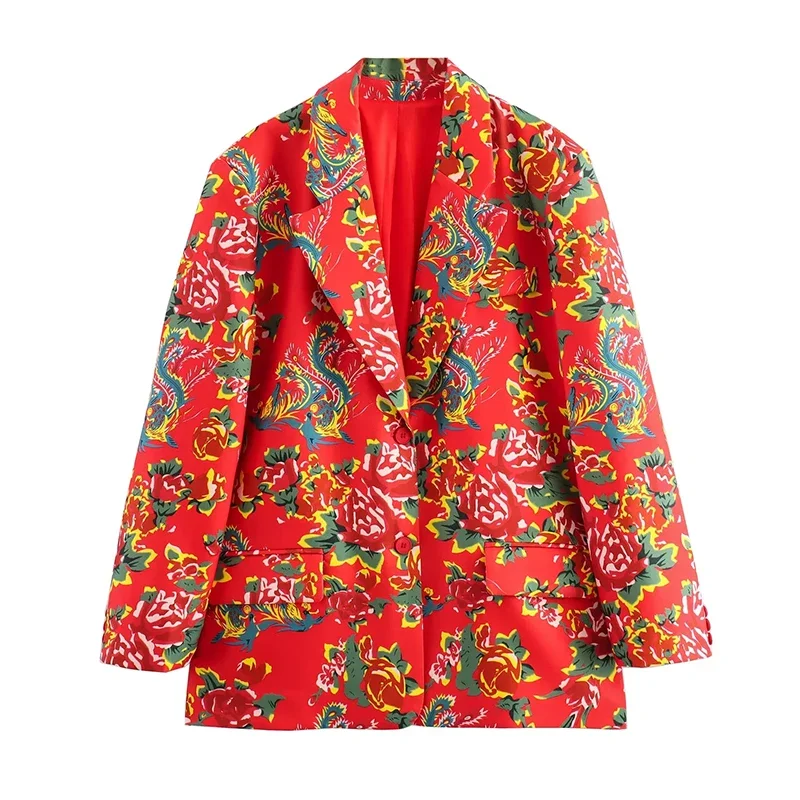 

Casual Northeast Big Flower Loose Suit Coat Pants Set Winter Women's Fashion Trousers Temperament Set Red Jacket Srtreetwear