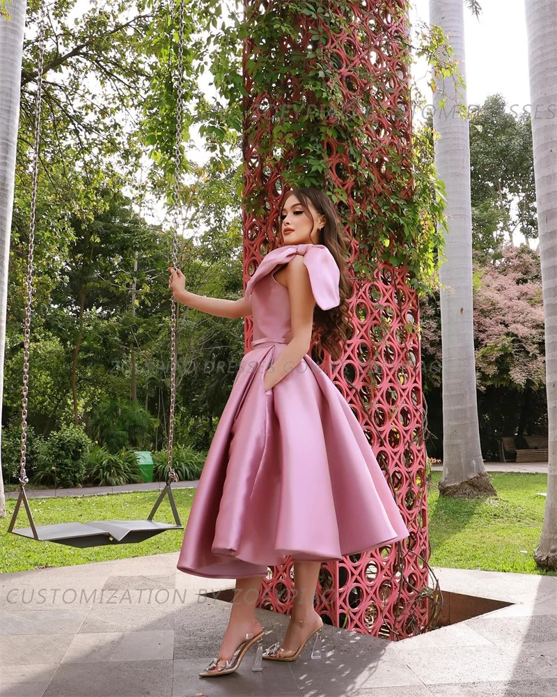 Rosa de um ombro arco cetim vestidos, vestido sem mangas até o tornozelo, vestidos formais de baile, festa de luxo, 2024