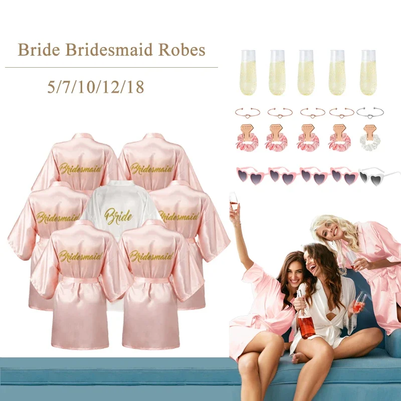 

5-18 PCS Team Bride Bridesmaid Robes Gift Set Heart Sunglasses Hair Ties Champagne Flutes for Wedding Bridal Bachelorette Party