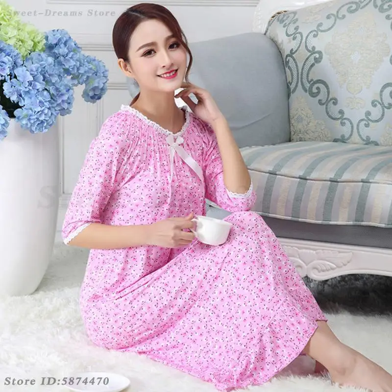 Spring Summer Long Nightdress Sweet Round Neck Printed Nightgown Sleepwear Cute Princess Home Dressing Loose Casual Nightwear 5