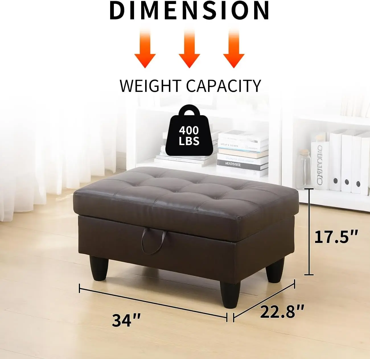 33.5 Inch Large Square Storage Ottoman Bench, Leather Footstool with Storage, Padded Foot Rest, Coffee Table Seat with Thick Cushion for Home Decor, Entryway, Living Room, Bedroom, RV Car, Loft, Brown