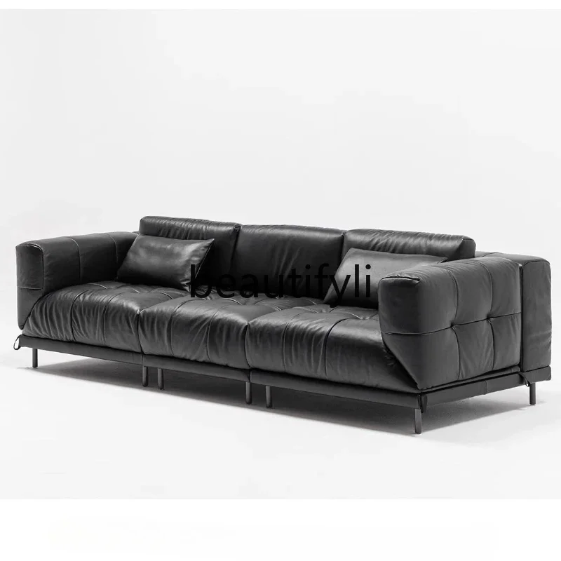

ls 42Genuine Leather Sofa Multifunctional Living Room Small Apartment Smart Island Straight Row Black Top Grain Leather Sofa