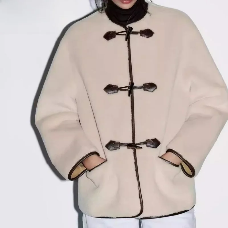 

Fall Winter New Arrival Women's Coat Artificial Fur Effect Jaet with Rope Bule Decoration Loose Fit Long Sve 25-29 Yea...