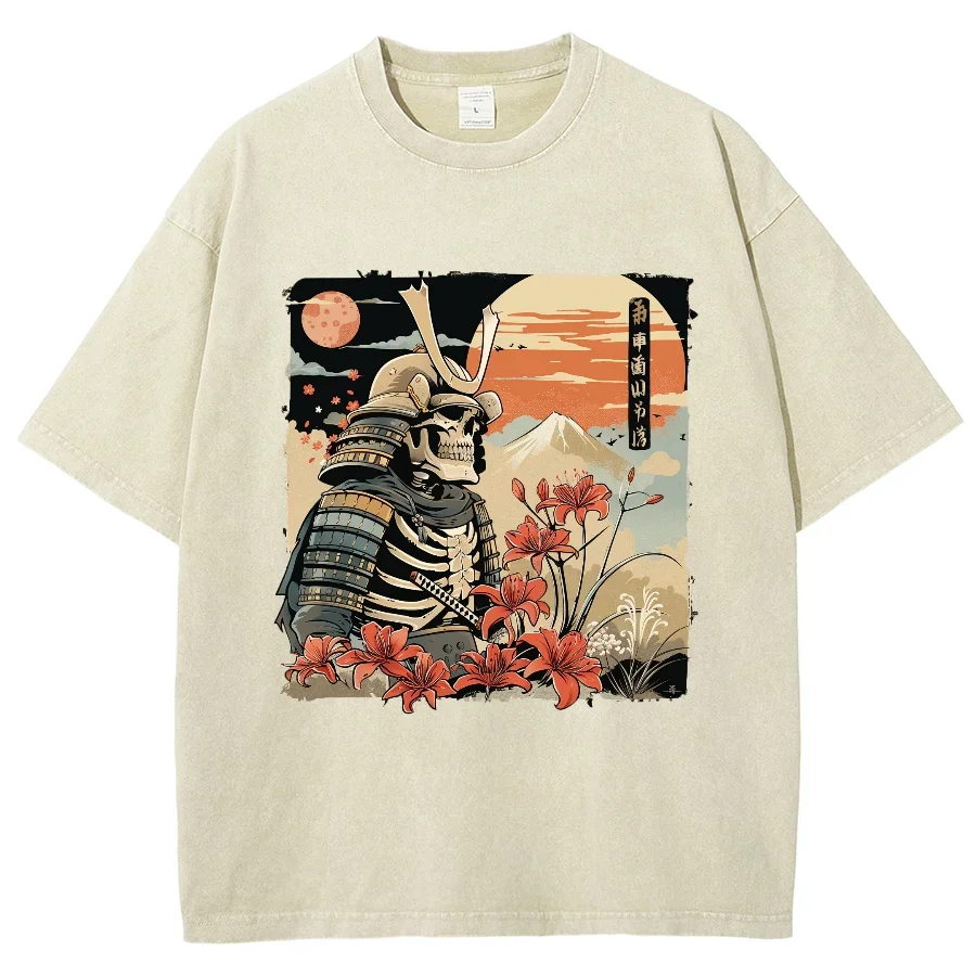 Skeleton Ukiyoe Samurai Shirt, Hiphop Y2K Washed T-shirt, Oversized Streetwear Vintage Washed Surf T Shirts For Men Women's Top