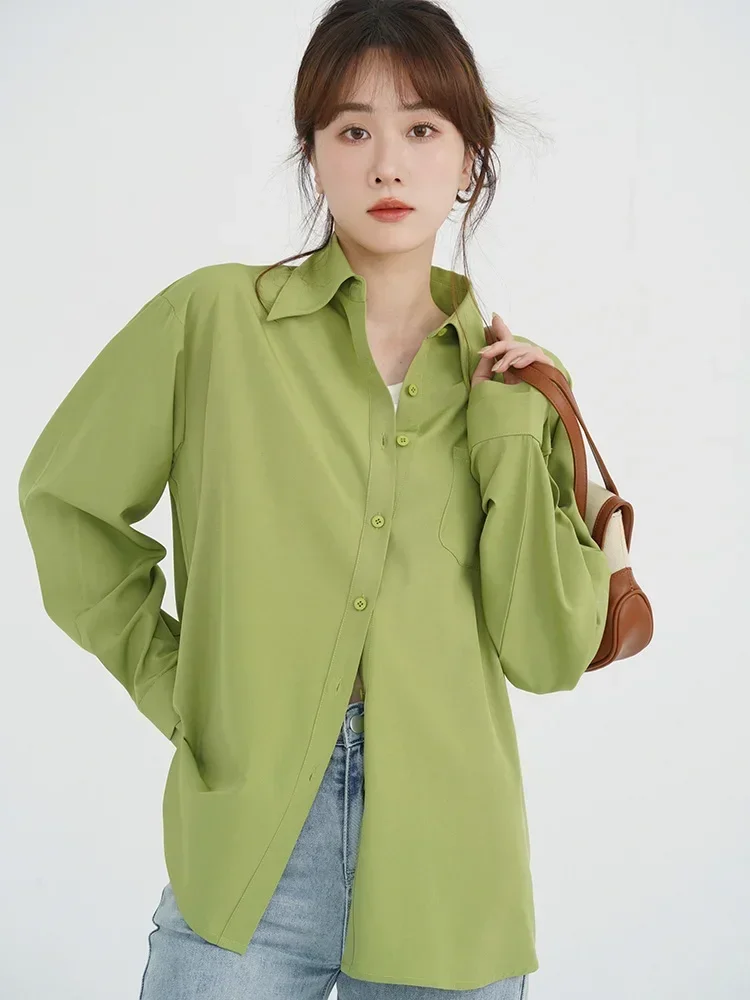 

Women Minimalist Shirts Solid Color Long Sleeved Turn-down Collar Woman Retro Relaxed Fit Shirt Perfect for Spring and Autumn