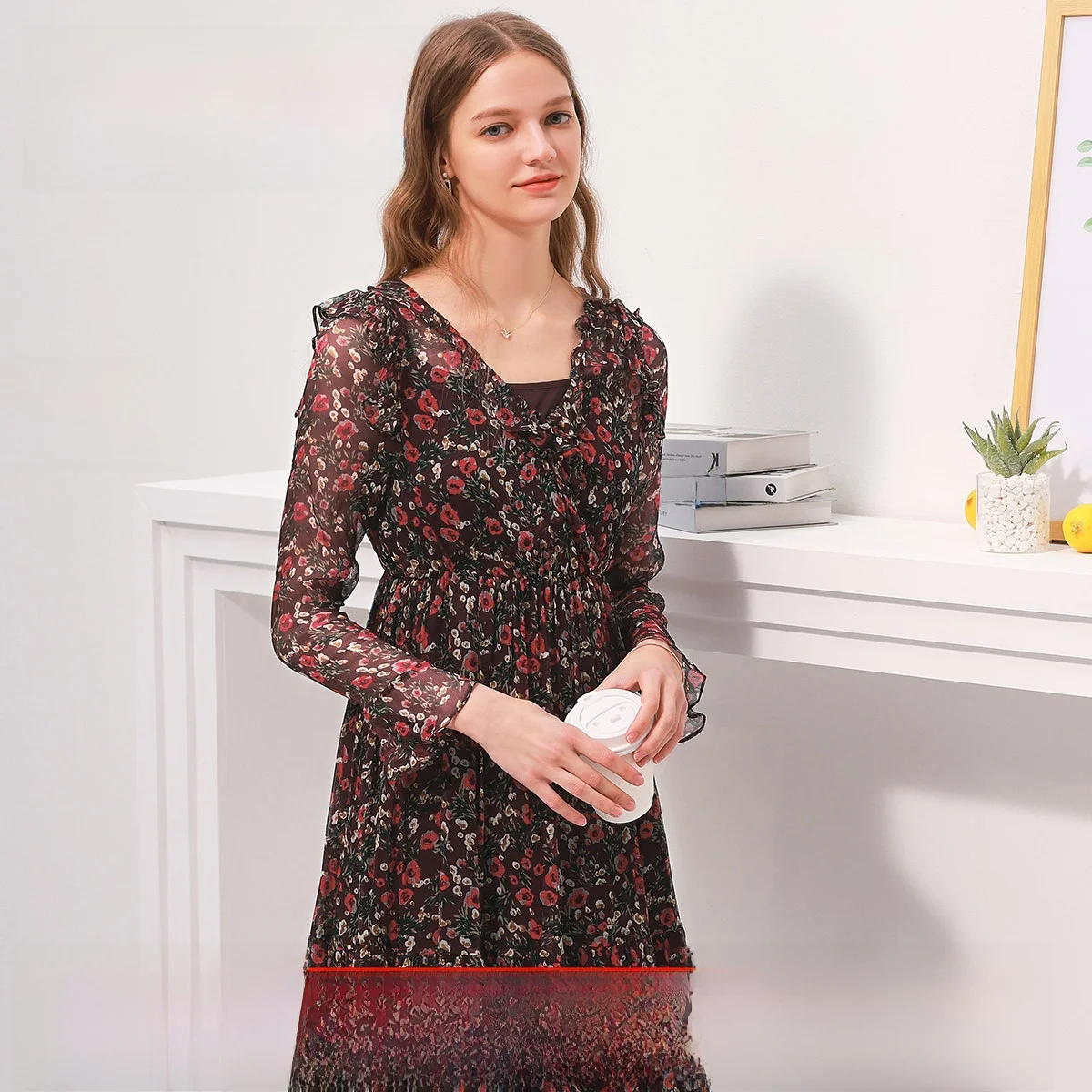 

Шелковое платье Cboca 100% с длинным рукавом, цветочным принтом, V-образным вырезом, завышенной талией, А-силуэта, миди, в стиле «Sweet Countryside»