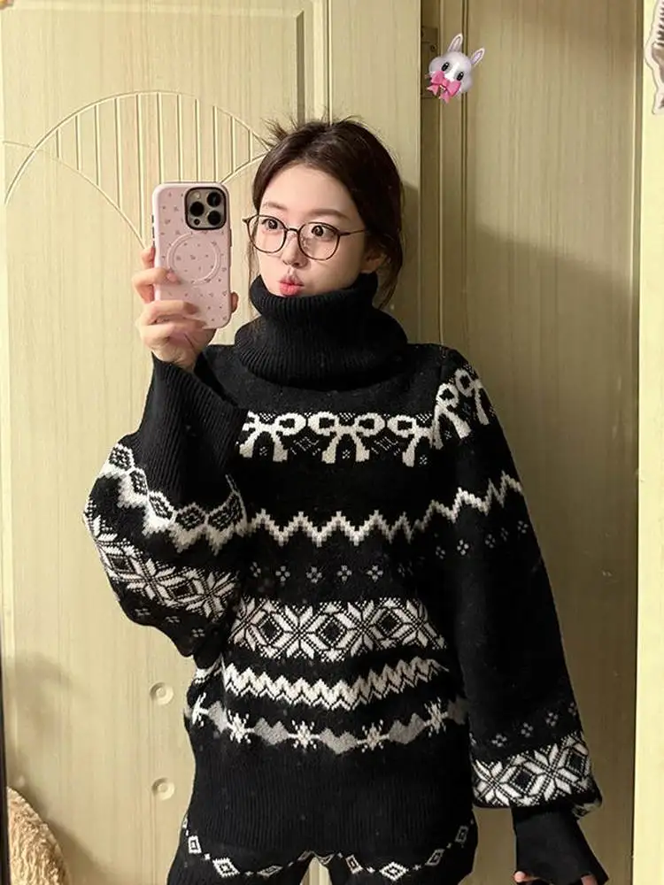 

Осенне-зимний комплект с высоким вязаным свитером и брюками для женщин, теплый, уютный, модный, японский ансамбль в стиле ретро