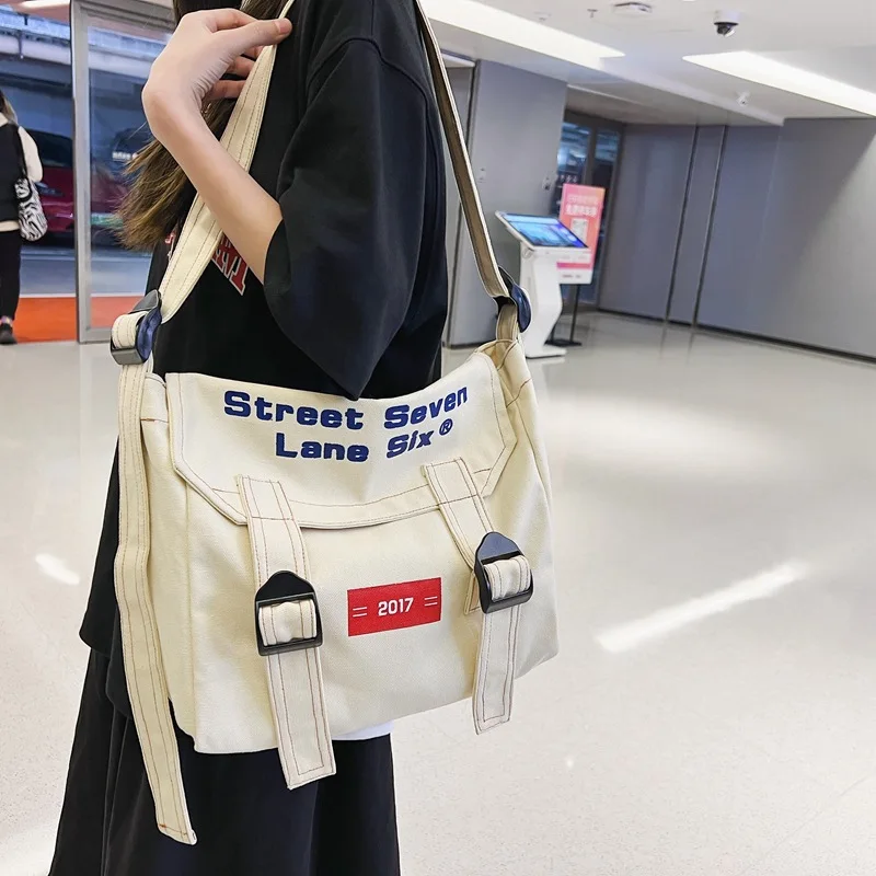 College Student Big Capacity Canvas Textile Side Postman Bag Casual Street Wear Book Laptop Fabric Cloth Square Crossbody Bag