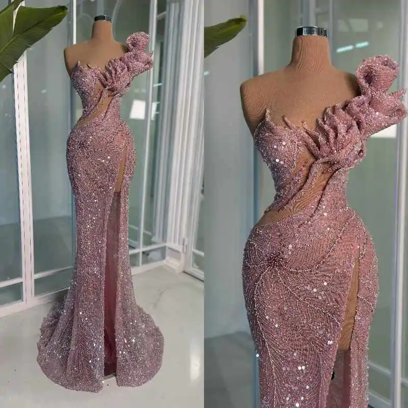 

Glamorous Sequins Mermaid Prom Gowns Sleeveless High Slit Evening Dresses Beaded Special Occasion Party Customized