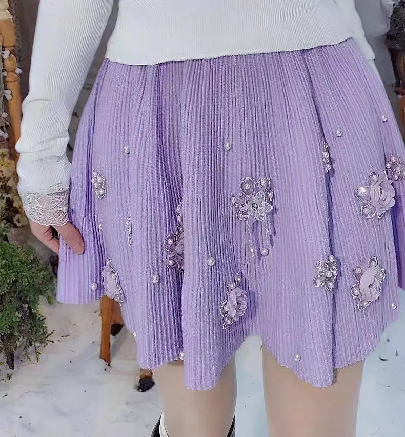 High-end Sweet Chic Knitted Pleated Short Skirts Women's 3D Flowers Beads Stitch Mini Skirts Woman Clothing Trend 2025 Faldas