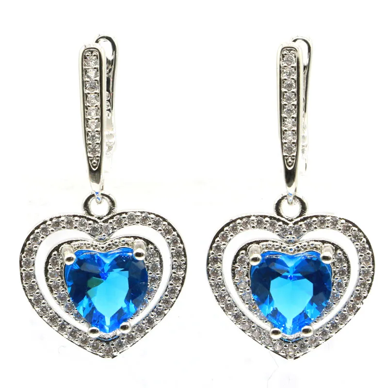 

31x17mm Lovely Heart Shape London Blue Topaz Pink Tourmaline Blue Topaz White CZ Daily Wear Silver Earrings