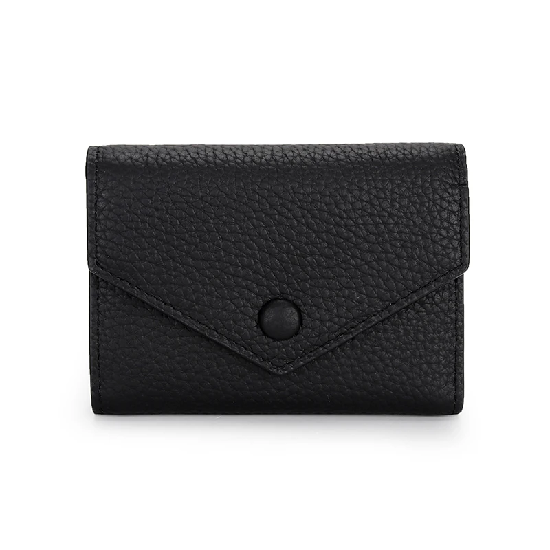 Portefeuille court en cuir de vache véritable pour femme, fermeture à bouton-pression, enveloppe simple, porte-cartes, porte-monnaie, 100% cuir de vache