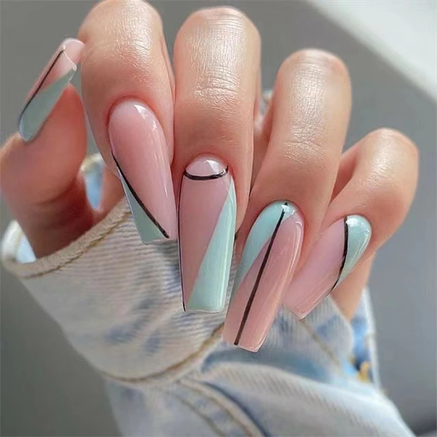 

24Pcs/Set Simple Line Design Press on Nail French Long Ballet Acrylic Fake Nails Handmade Flat Head Wearing False Nails Tips