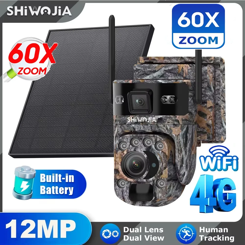 

SHIWOJIA 6K 12MP 4G Solar Cameras 60X ZOOM WIFI Wireless Outdoor 360° View Animal Monitoring Solar Battery PTZ IP Camera UBOX