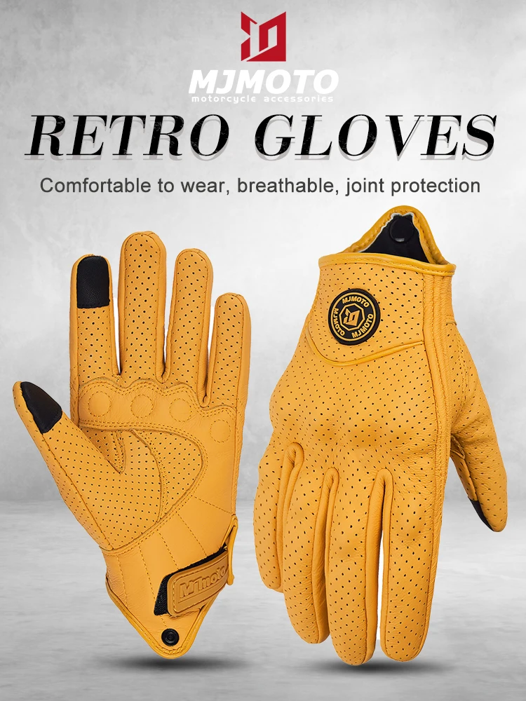 Retro Geel Lederen Motorhandschoenen Heren Dames Ademend Geperforeerd Motorracehandschoenen Touchscreen Motocross Moto Handschoen - afbeelding 2