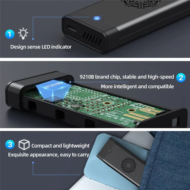 

Efficient M.2 NVME NGFF Dual Protocol External SSD Enclosure Adapter With Cooling Fan 10Gbps Type-C 3.1 SSD Box For 2230-B Easy