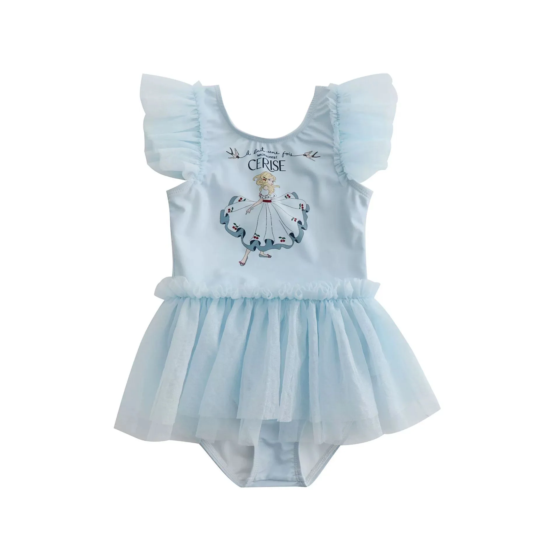 2026 Summer Toddlers Girls Princess Swimwear Printed Voile Ruffles One-piece Backless Beach Bikini Kids Swimsuit