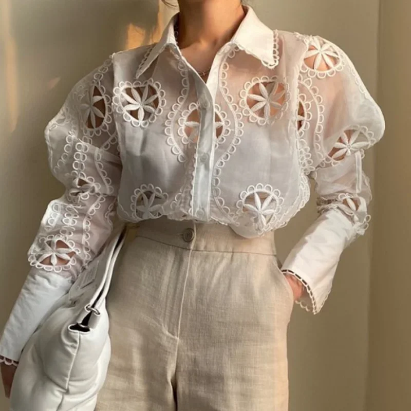 Women's Long Sleeve Floral Embroidery Blouse, Vintage Tops, Loose Casual Blouses, White, Sexy, Hollow, Spring, Autumn