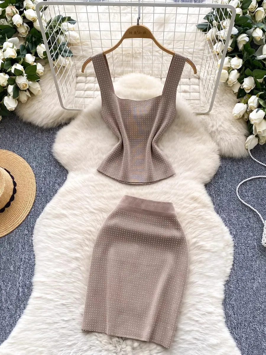 Mode Fuchsia Strass Stricken Zwei-Stück Set Frauen Square Neck Crop Top Bodycon Rock Party Date Schlank Outfit