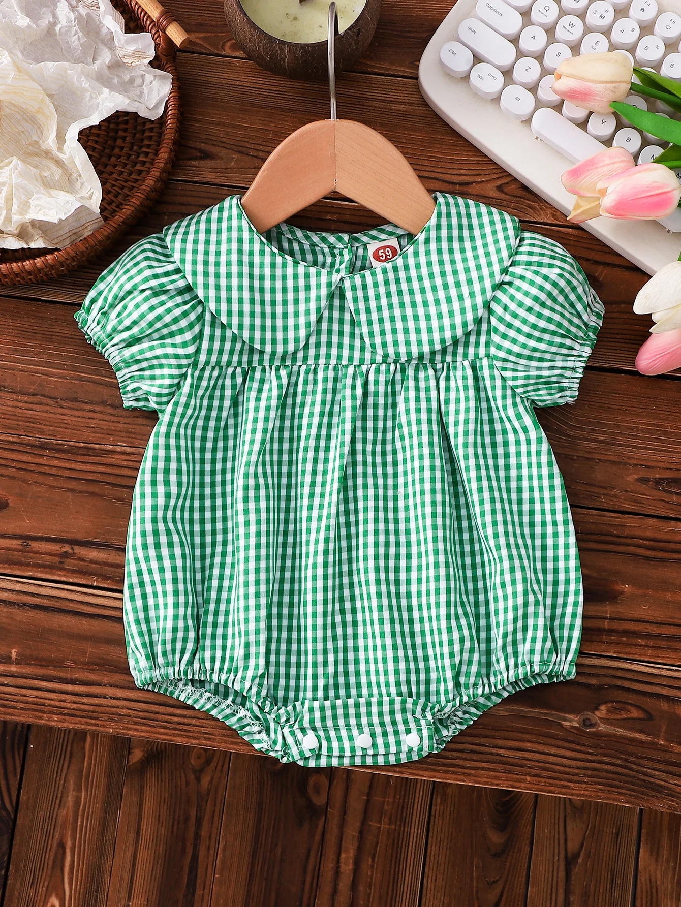 Baby Girl Cotton Checkered Romper Peter Pan Collar Triangle Bodysuit Soft Infant One Piece Outfit for 0-2 Y Baby Girl Clothing