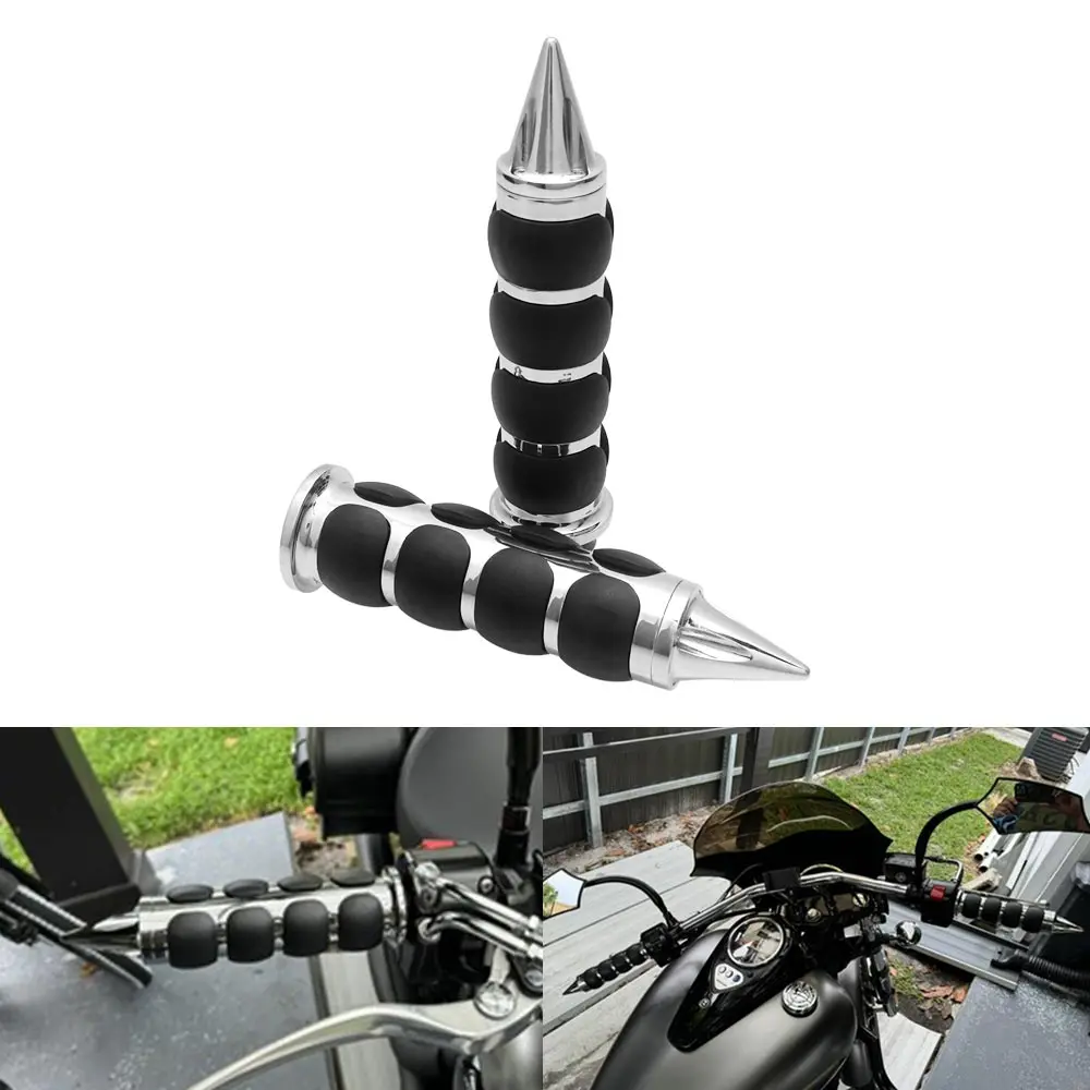 Motorcycle Handlebar Grips Fits For Harley Davidson 1982-2024 Billet Aluminum/Rubber Chrome Spike Style Non Slip Comfort Grips