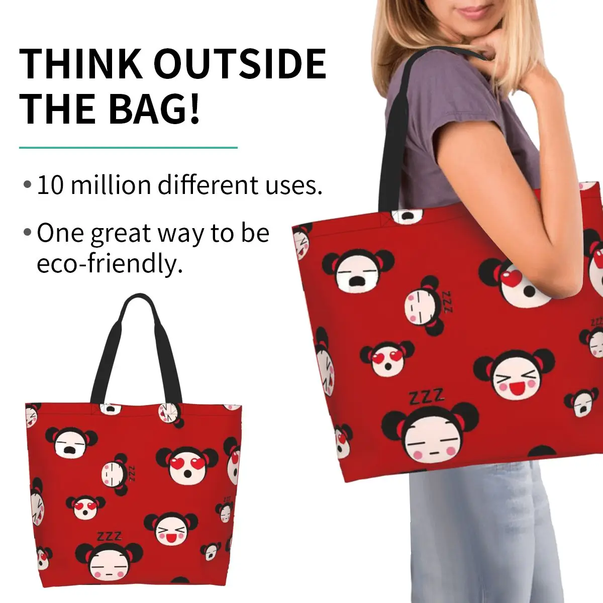 Pucca Shopping Tote Bag Canvas Large Capacity Shoulder Bags Shopper Grocery Handbag for Women