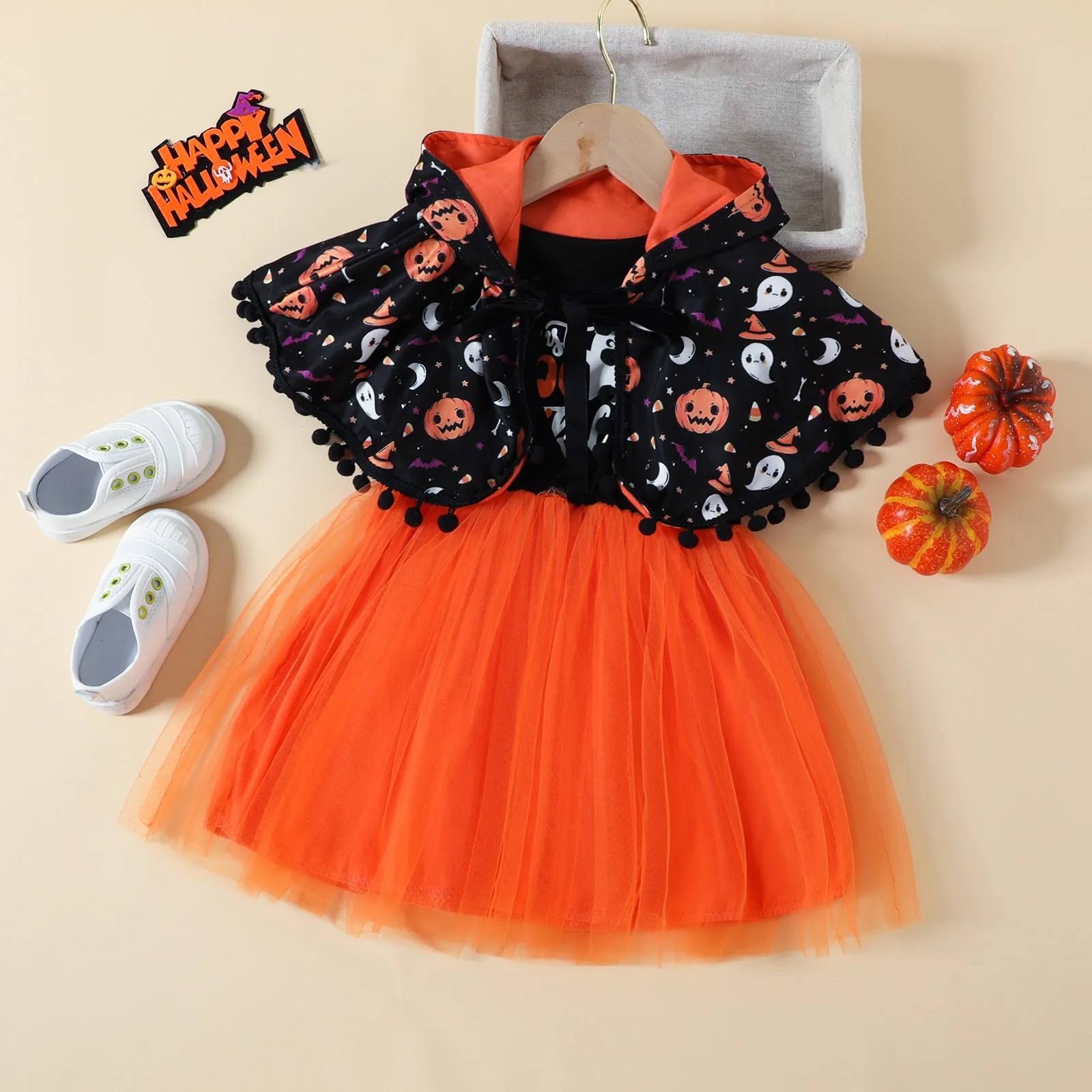 Toddler Baby Halloween Dresses For Kids Pumpkin Cloak Cape and Orange Party Dress 2pcs Children\'s Halloween Clothing Girl