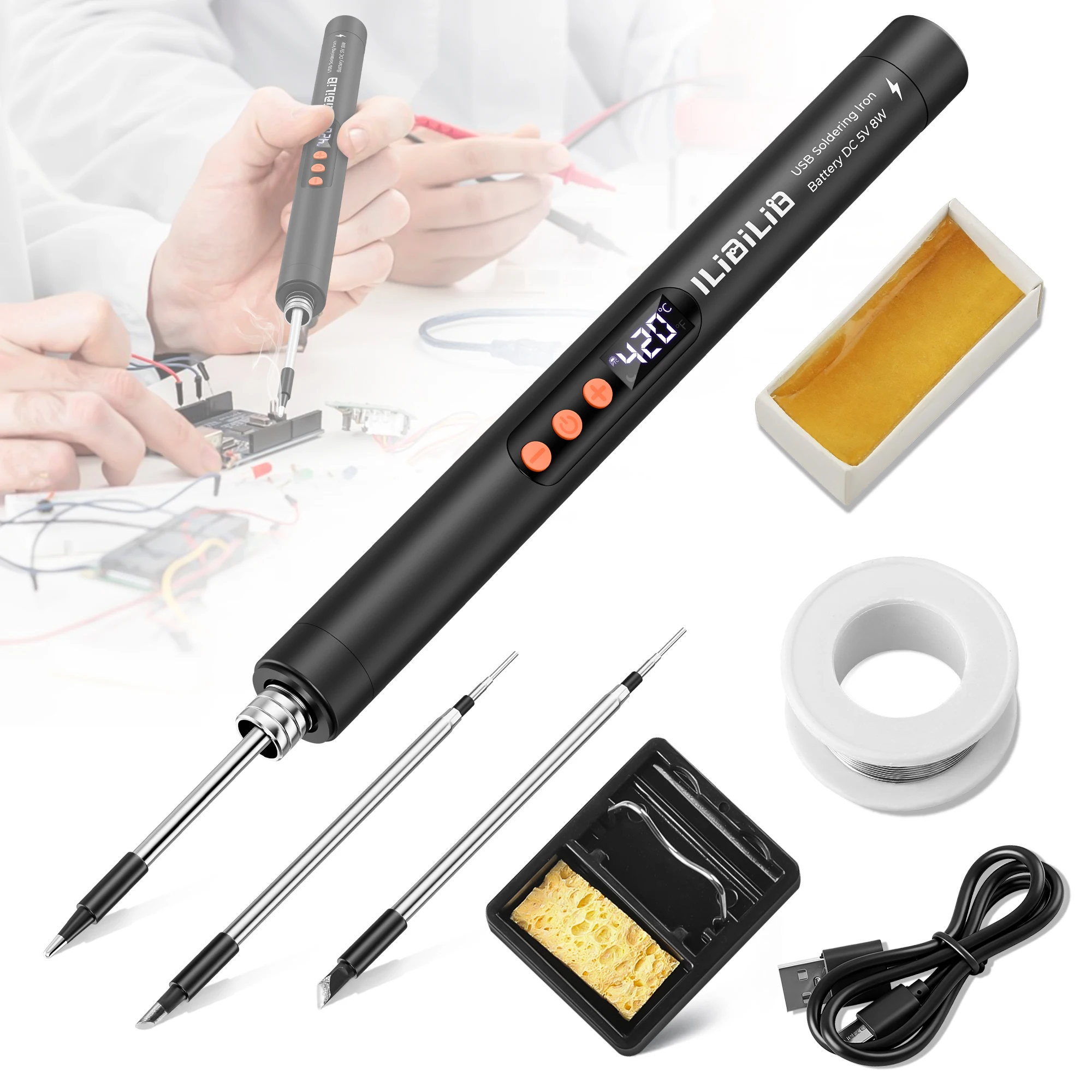 ILIBILIB Portable USB Soldering Gun with Adjustable Temperature, Featuring an LCD Digital Display. DIY Home Soldering Tool Kit Includes Solder Wire, Stand, 3 Soldering Tips and Electronic Soldering Tools
