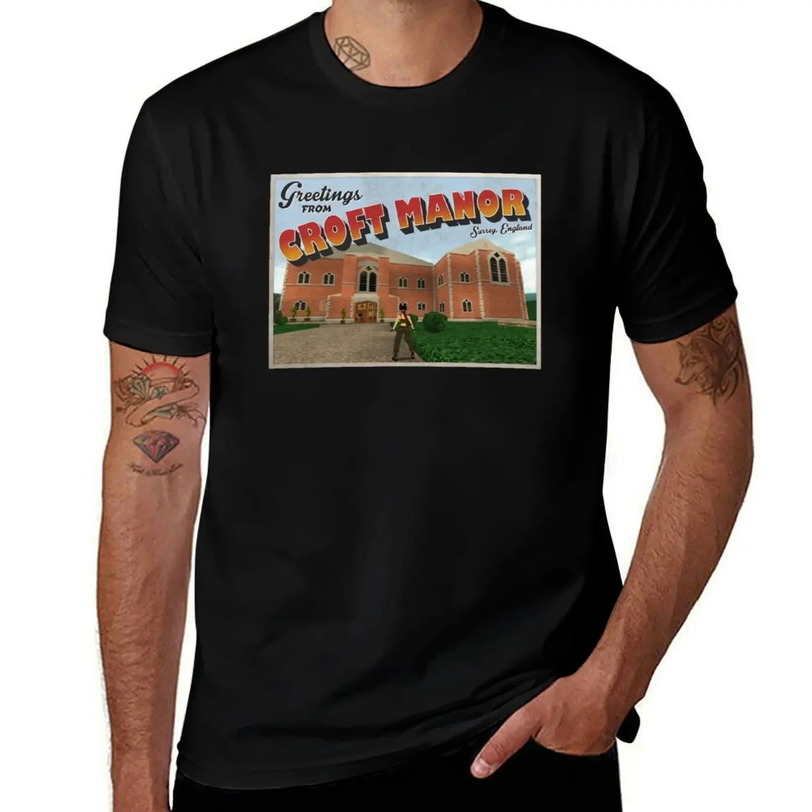 

Tomb Raider Inspired 'Greetings from Croft Manor' Vintage / Retro Postcard Weathered Design (Design #3) T-Shirt