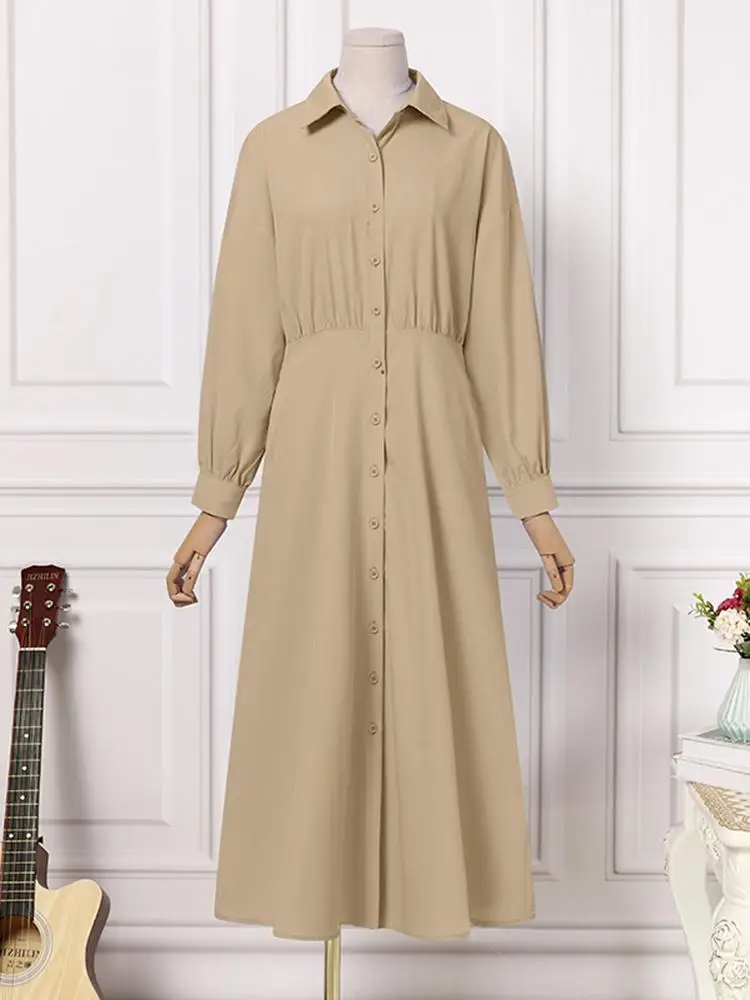 ZANZEA Casual Solid A-line Robe Oversized Women Shirt Dress 2023 Summer Long Sleeve Lapel Collar Maxi Dresses Bohemian Vestidos