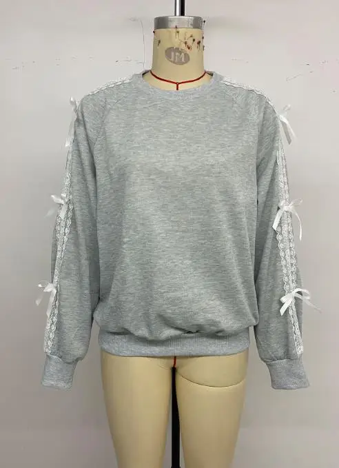

2025 New Casual Sweet Style Top with Bow Lace Patchwork Long Sleeve Gray Autumn Hoodie Women's Fashion Knitted Pullovers